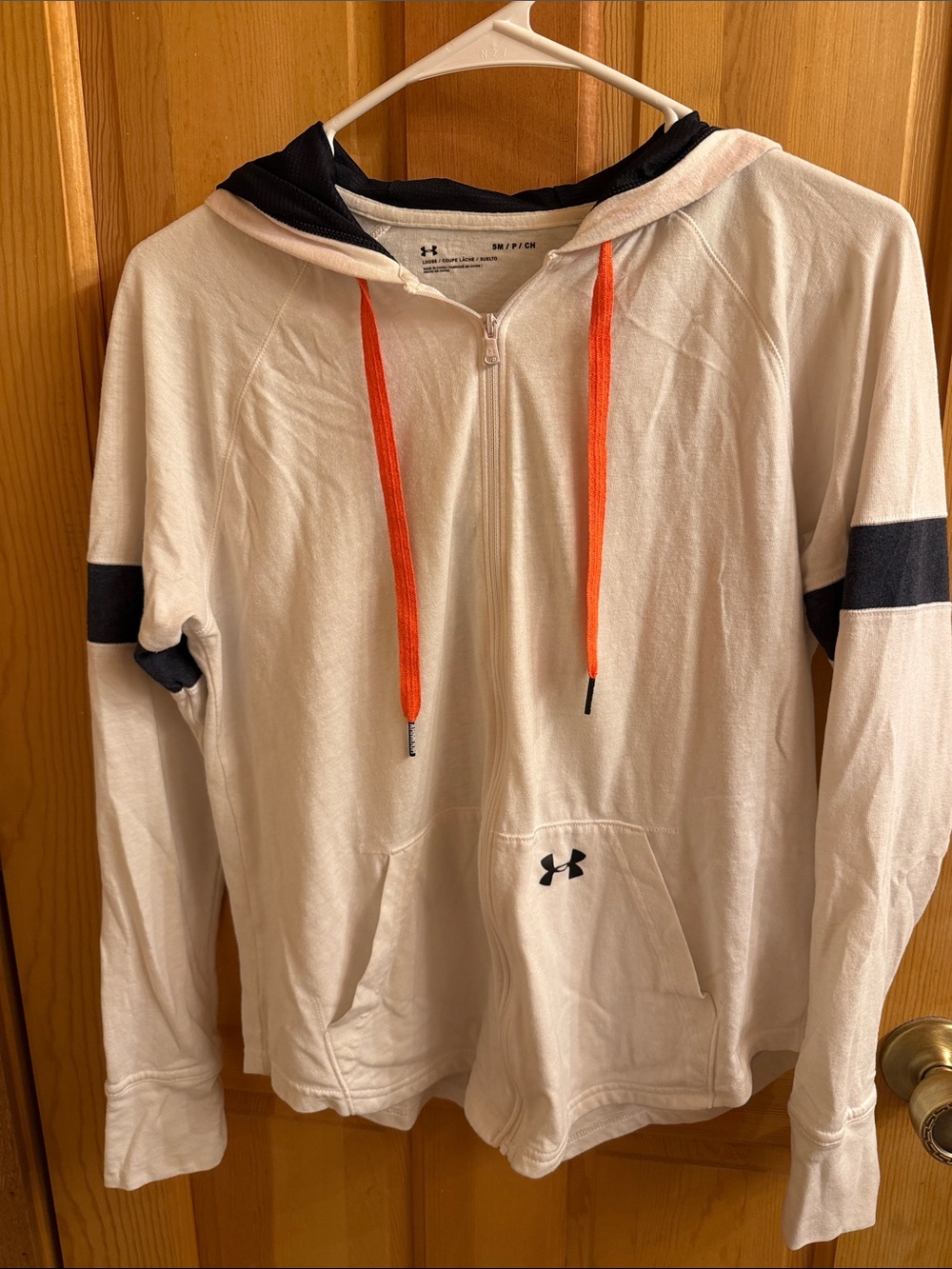Under Armour unisex White Zip Hoodie with Peach Drawcords and Black Accents